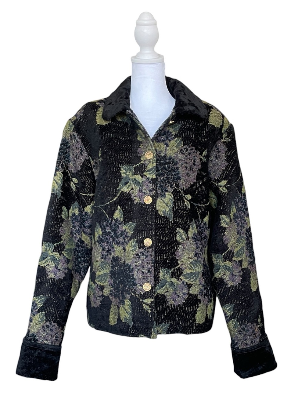 Vintage Black Floral Tapestry Jacket w/ Velvet Trim & Gold Buttons - Sz XL